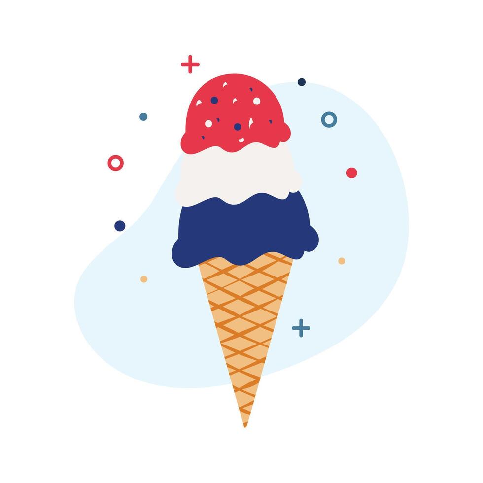 Triple Scoop Red White and Blue Ice Cream Cone for Summer Independence Celebration Dessert Theme vector