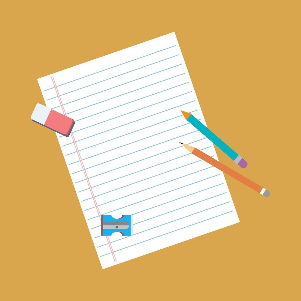 White Lined Paper with Orange and Teal Pencils, Pink Eraser and Blue Sharpener for Writing and School vector