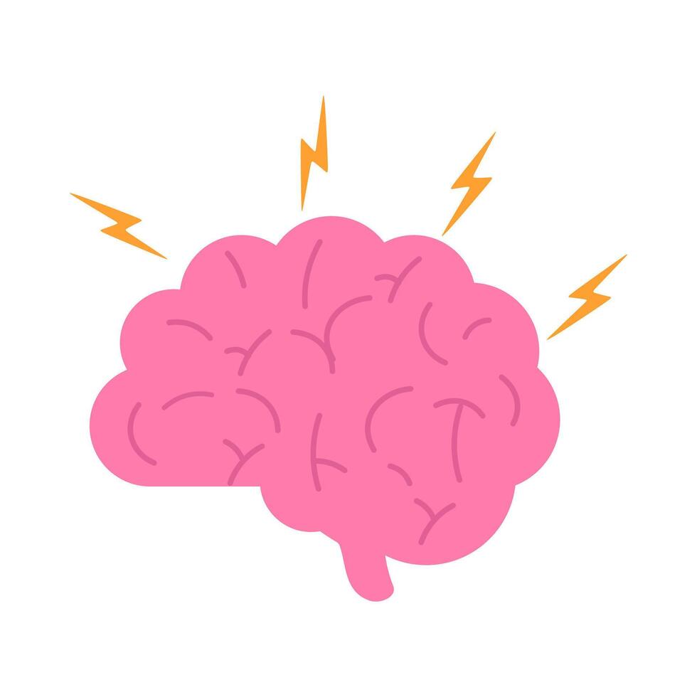 Pink Human Brain with Orange Lightning Bolts Representing Creativity Intelligence and Mental Energy vector