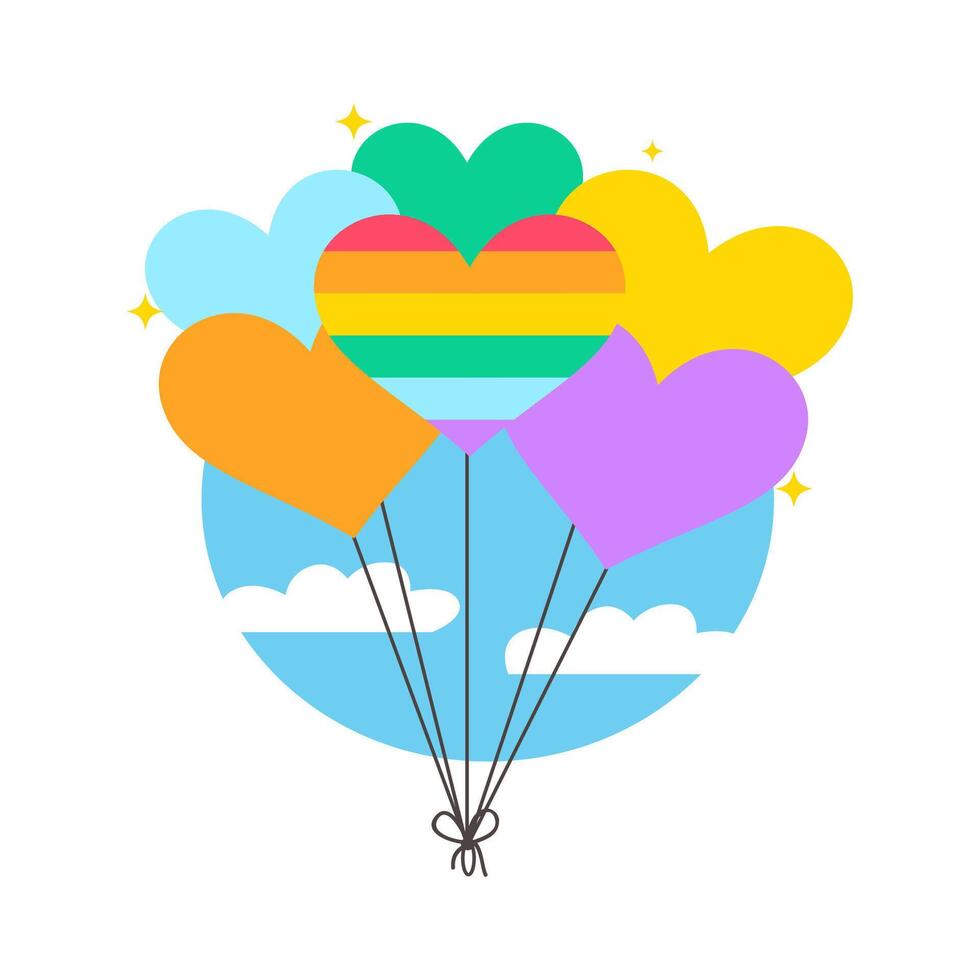 Colorful Heart Balloons Floating Against Blue Sky and Clouds with Sparkling Accents Celebrating LGBTQ Pride and Unity vector