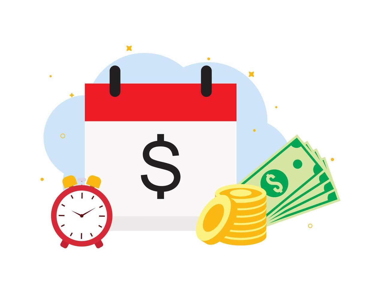 Red and White Calendar with Black Dollar Sign, Red Alarm Clock, Green Bills, and Gold Coins for Finance vector