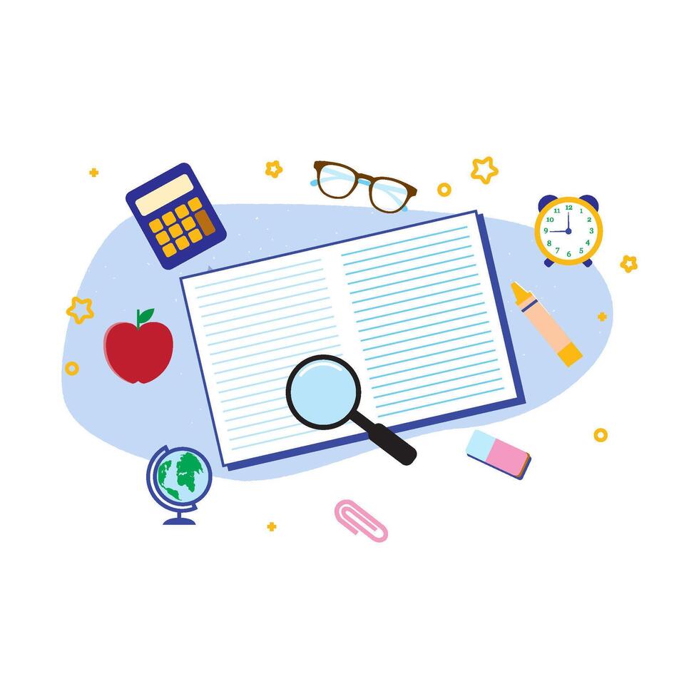 Open Notebook with Red Apple, Blue Calculator, Yellow Clock, and Brown Glasses for Learning Essentials vector