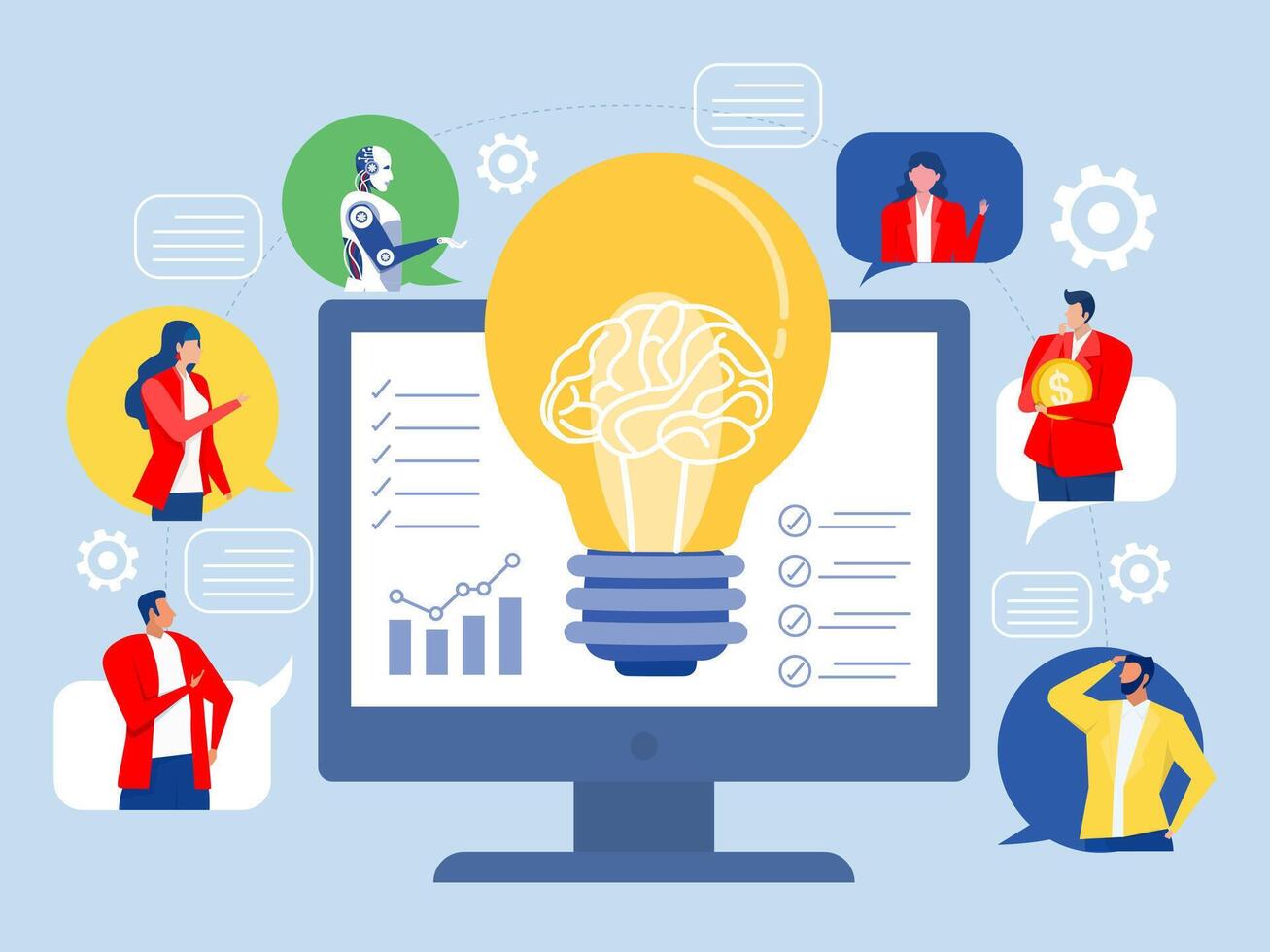 Online Meeting via Laptop,A group of diverse people discussing an idea on a laptop monitor via link. Online Business Concept vector