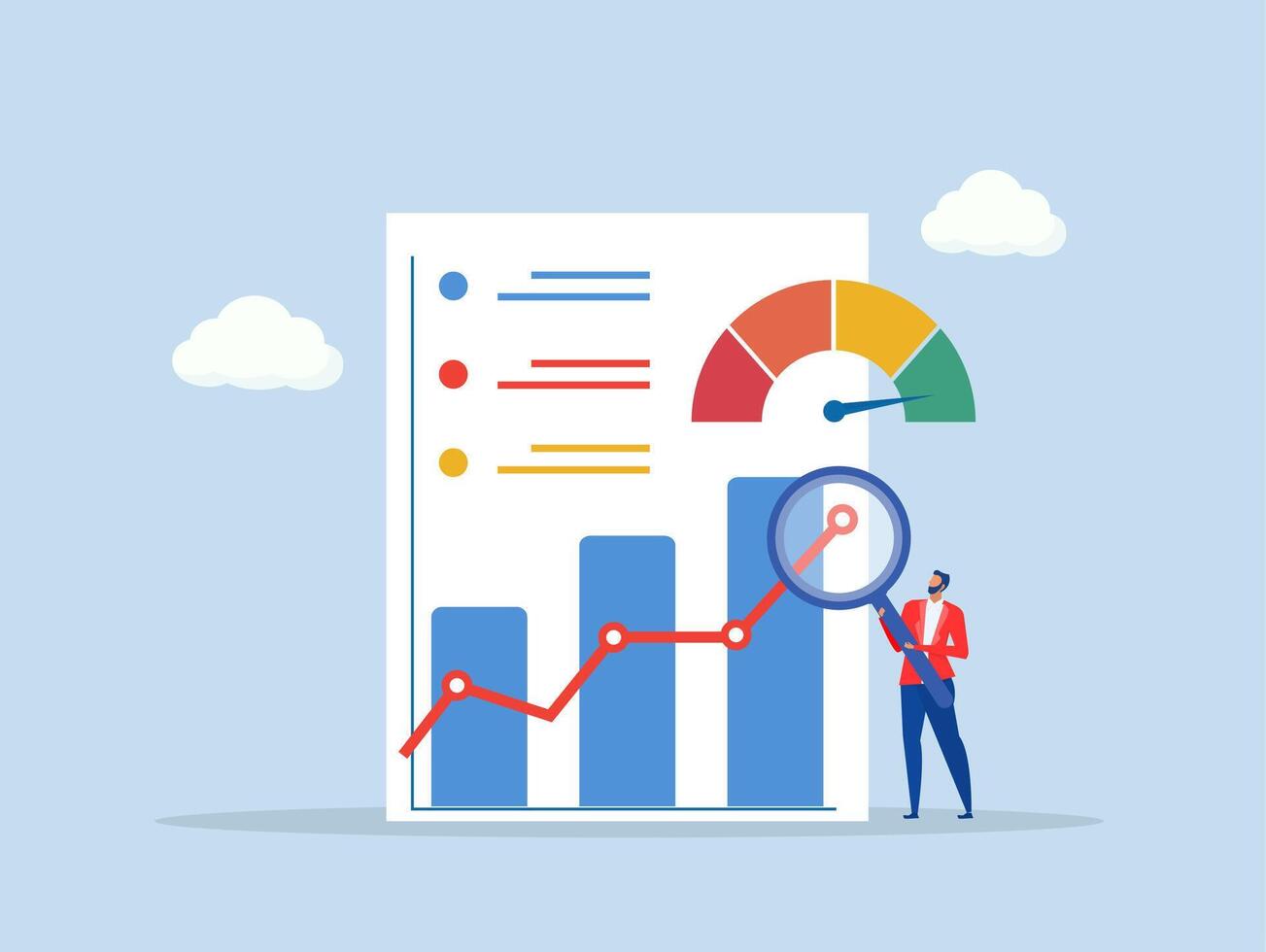 Benchmark performance or kpi key performance indicator growthbusinessman magnify benchmark metric graph scale. vector
