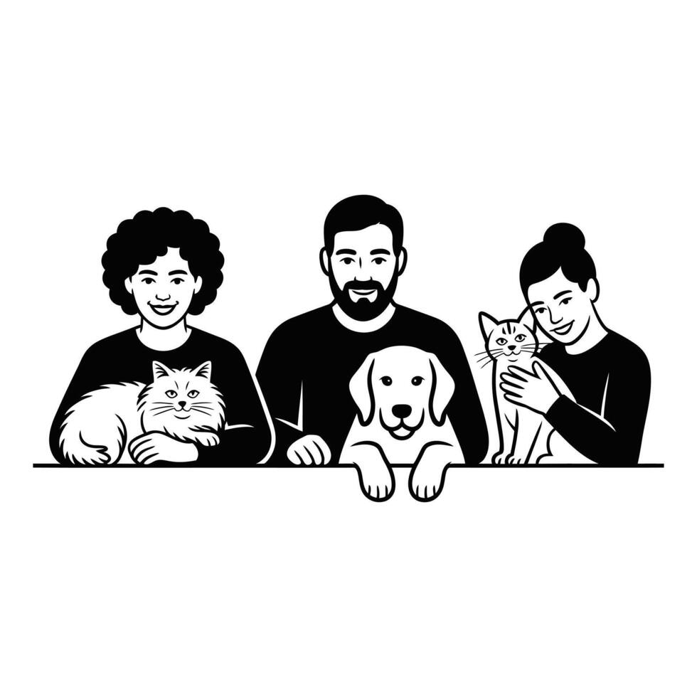 Happy family portrait with pets dog and cats vector