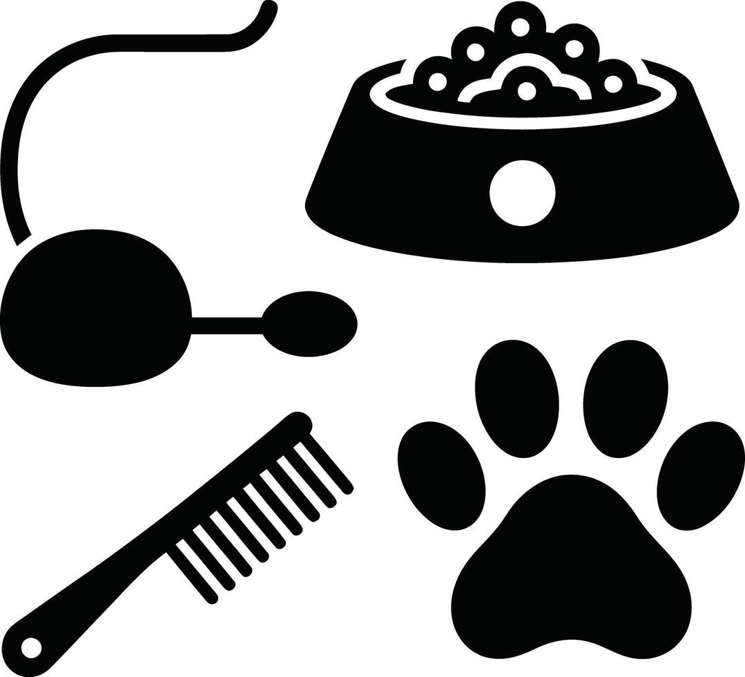 Pet care essentials food bowl brush toy paw print vector