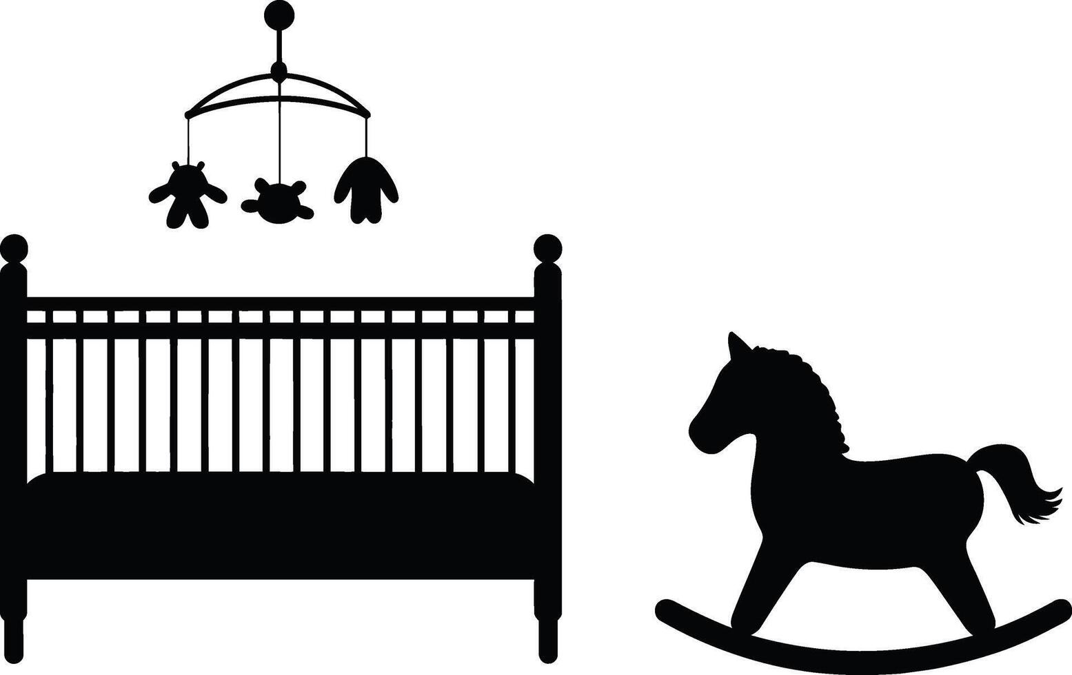 Baby crib mobile and rocking horse silhouettes vector