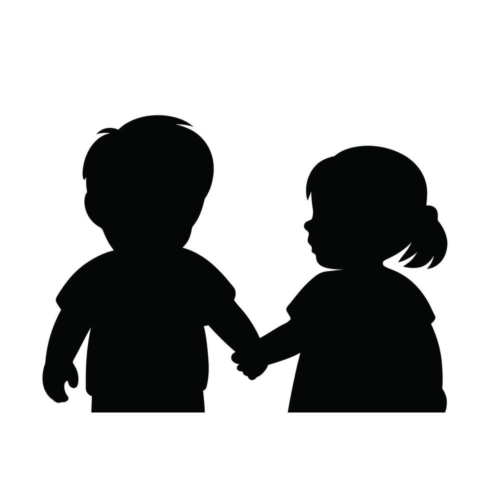 A simple black silhouette depicts a boy and girl holding hands vector
