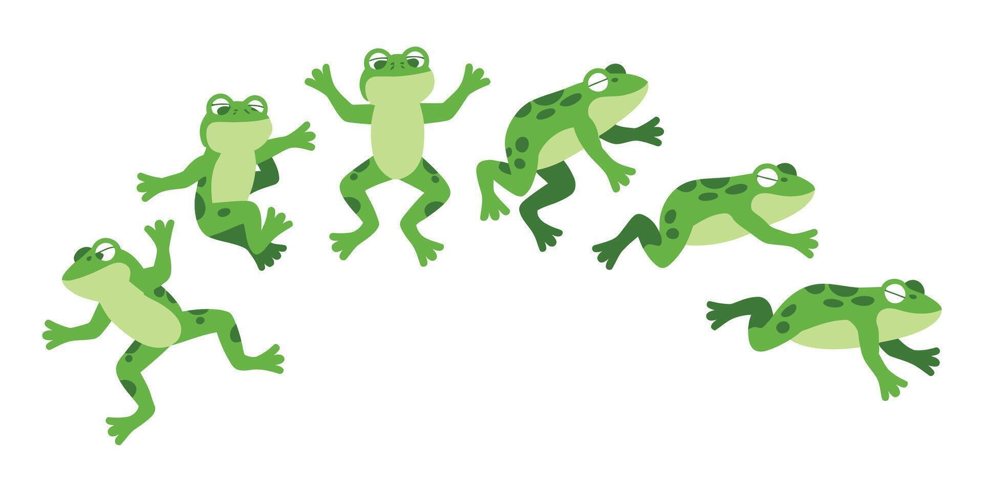 Five green frogs in different poses vector