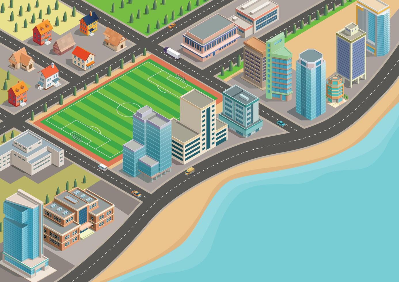 Isometric city map with residential areas and modern buildings vector