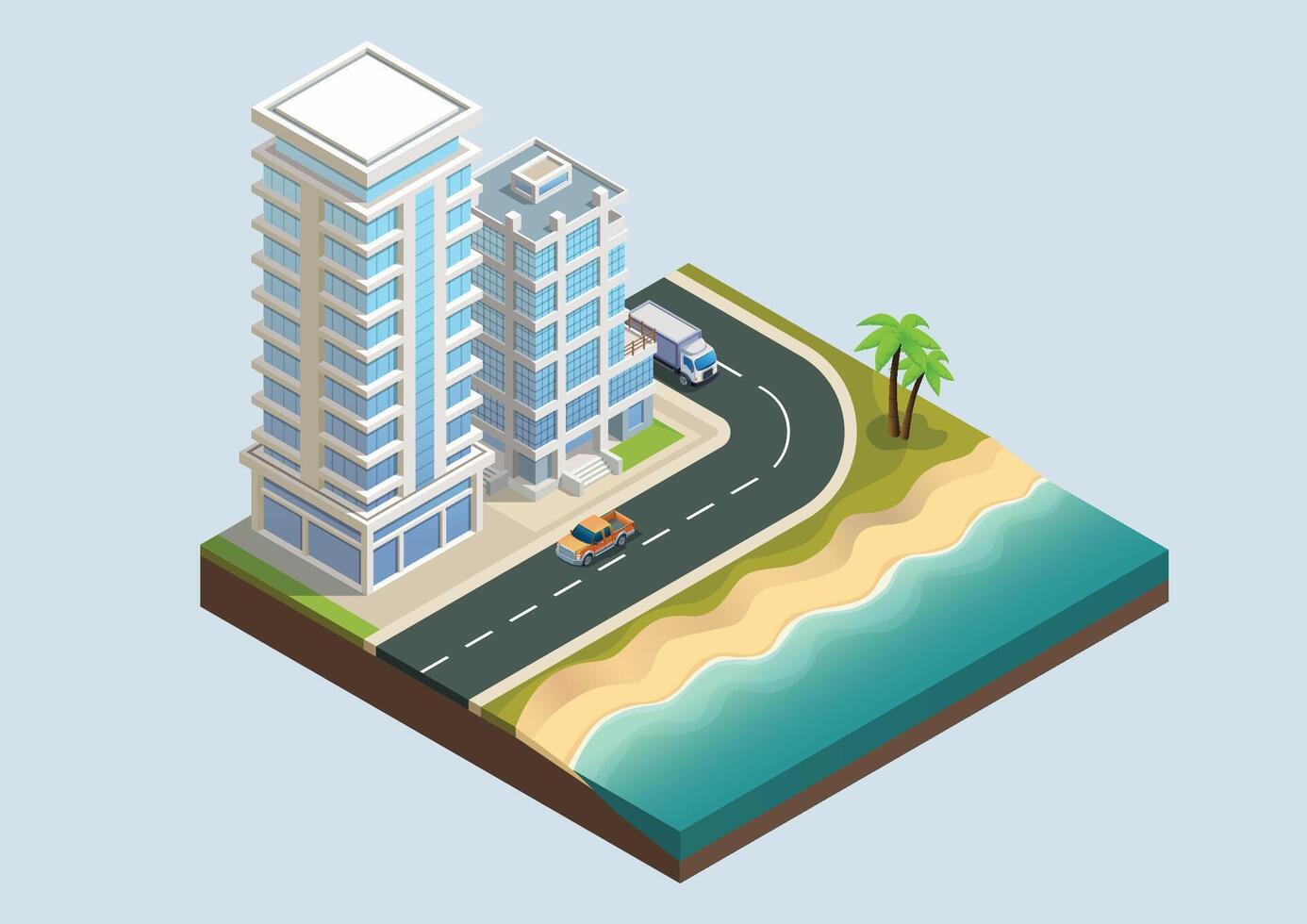 Isometric modern building with highway and beach vector