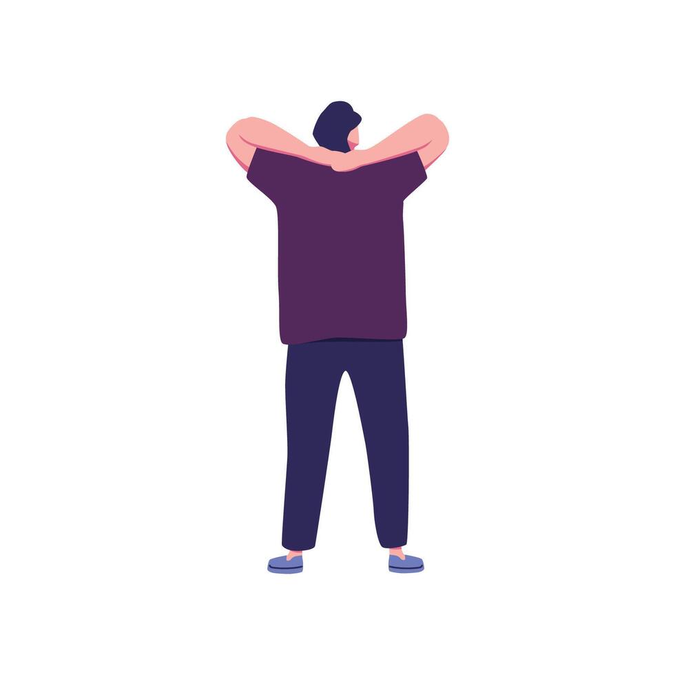 Man with back turned to the side, standing with his hands on his head vector