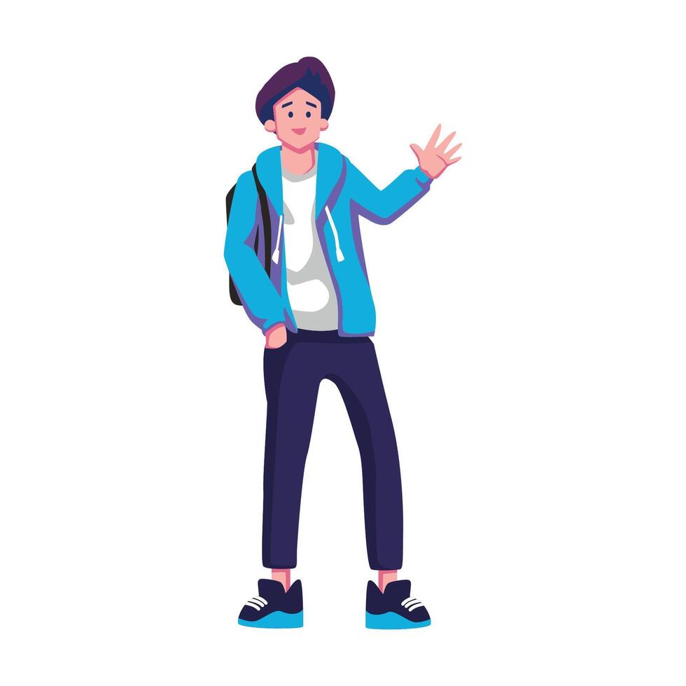 A man in a blue jacket and black pants is waving vector