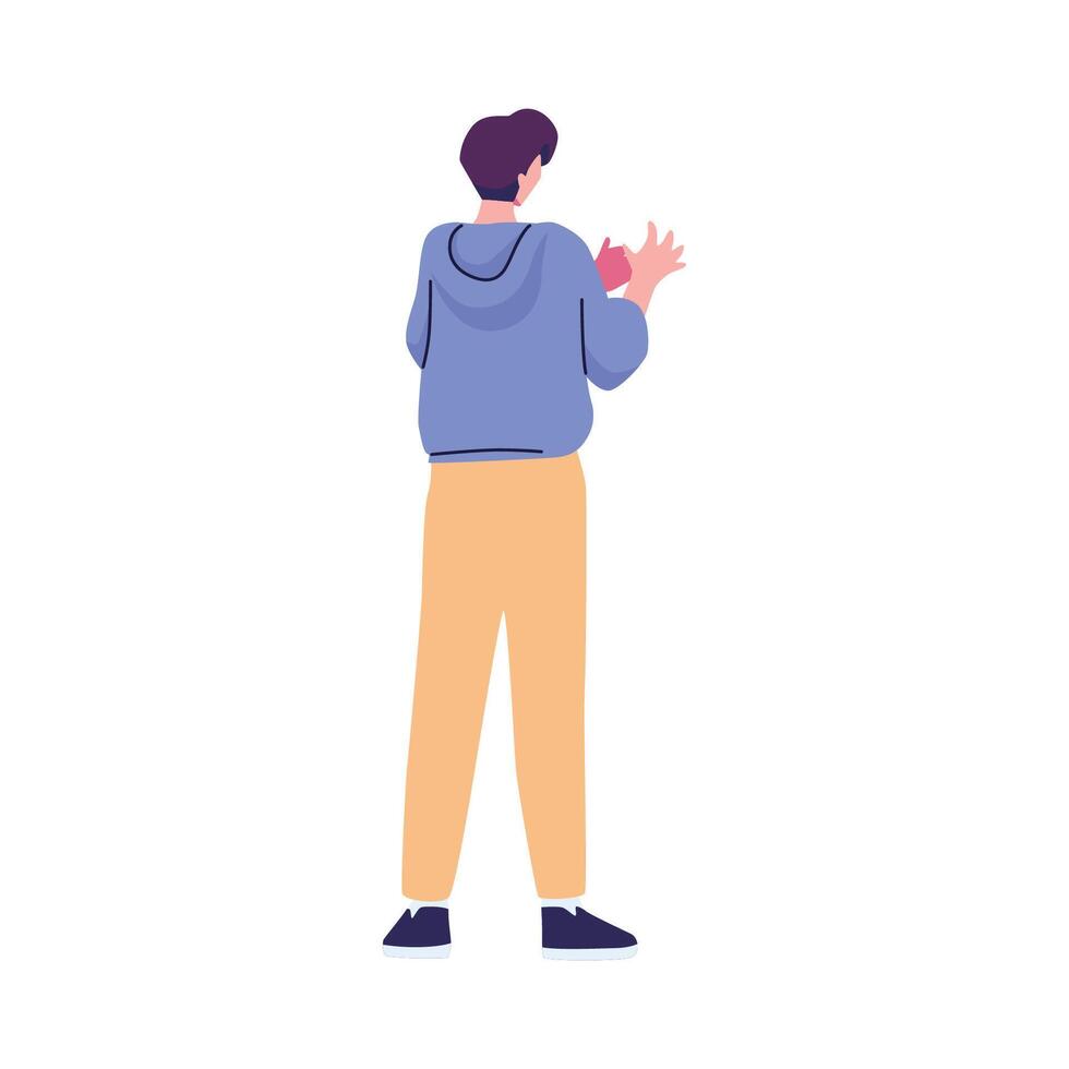 Man standing with hands up, looking at something vector