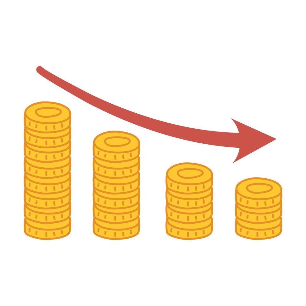 falling golden coins chart with red downward arrow, Financial loss and failure concept vector