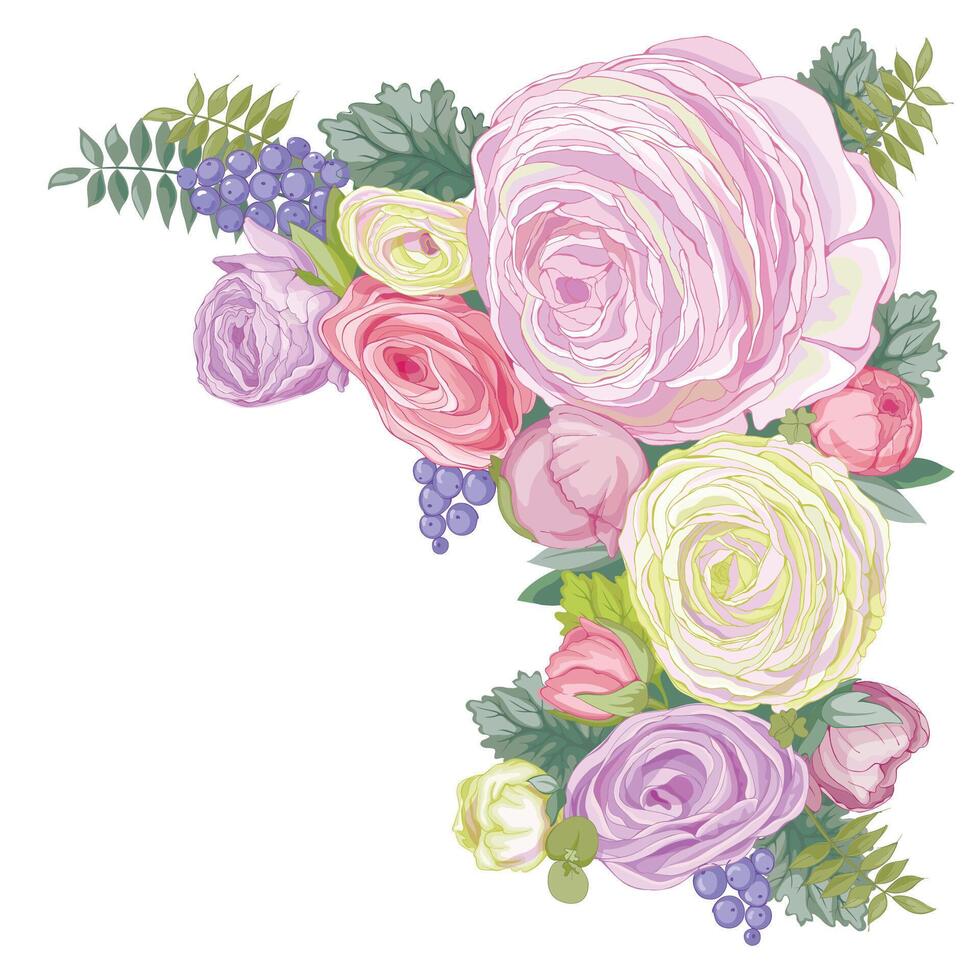 Gentle colored square background with composition of pastel colored Ranunculus flowers vector