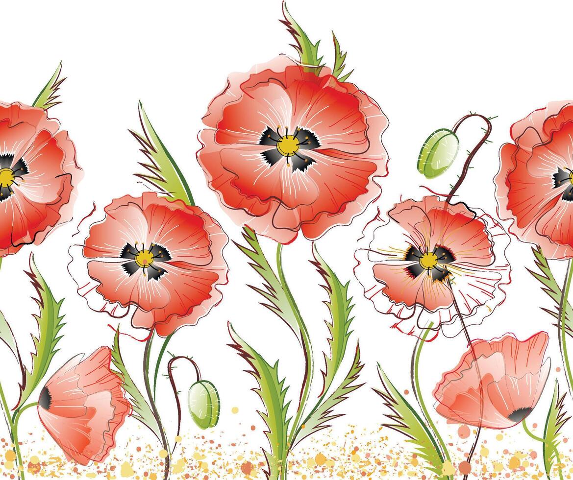 Seamless pattern with red gentle poppy flowers vector