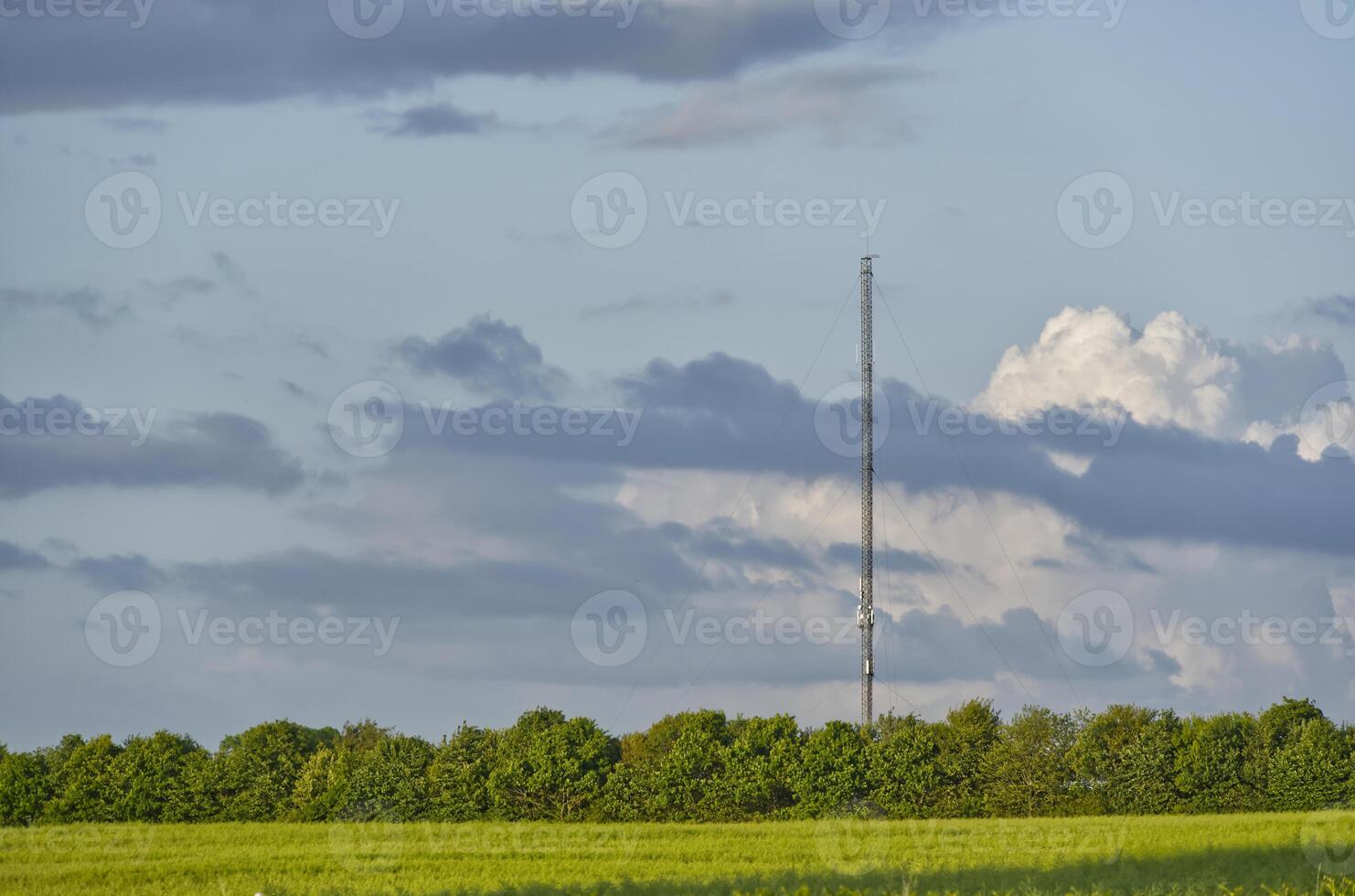 The radio mast in Kollund, Denmark in front of a field with a row of trees against approaching storm photo