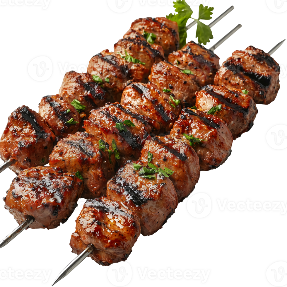 Delicious grilled meatball skewers with parsley garnish close up view isolated on transparent background png