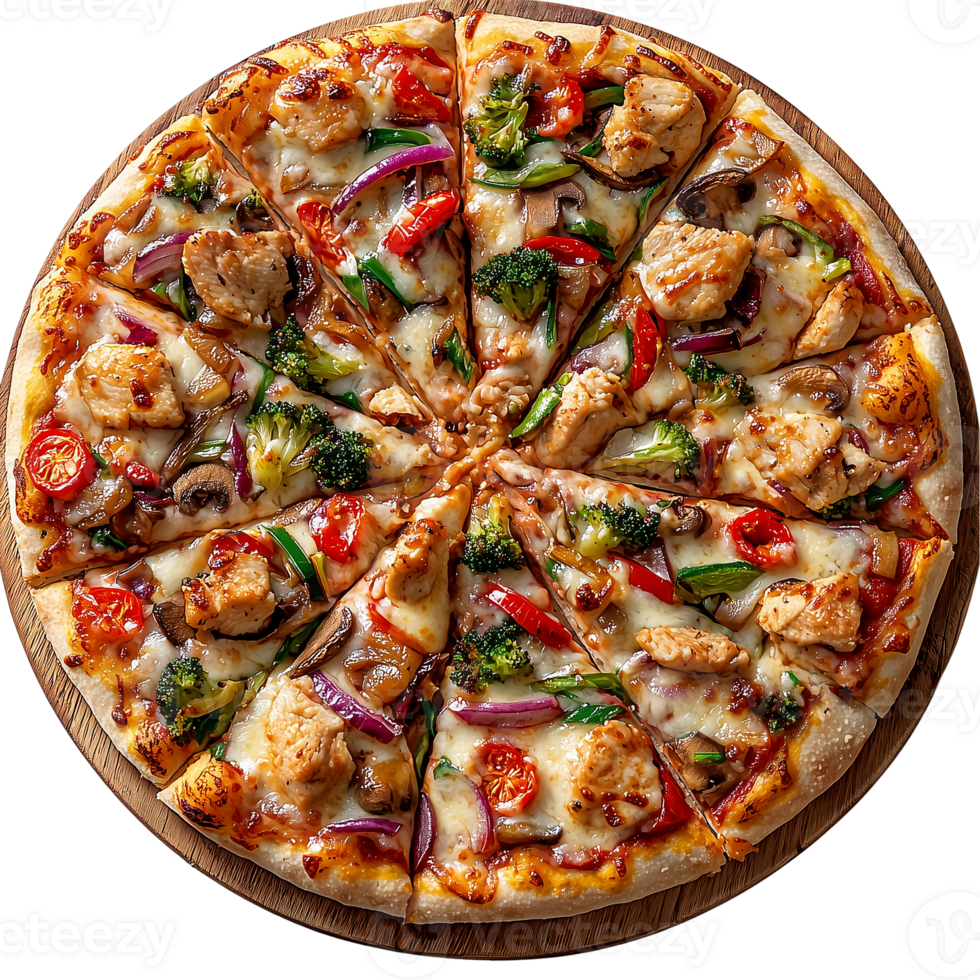 Delicious pizza with chicken and vegetables on a wooden plate top view isolated on transparent background png