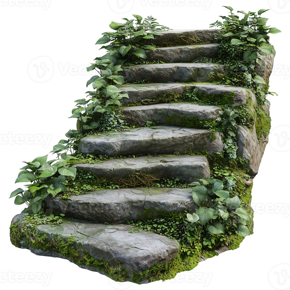 Stone steps with green plants nature climbing stairway architecture isolated on transparent background png