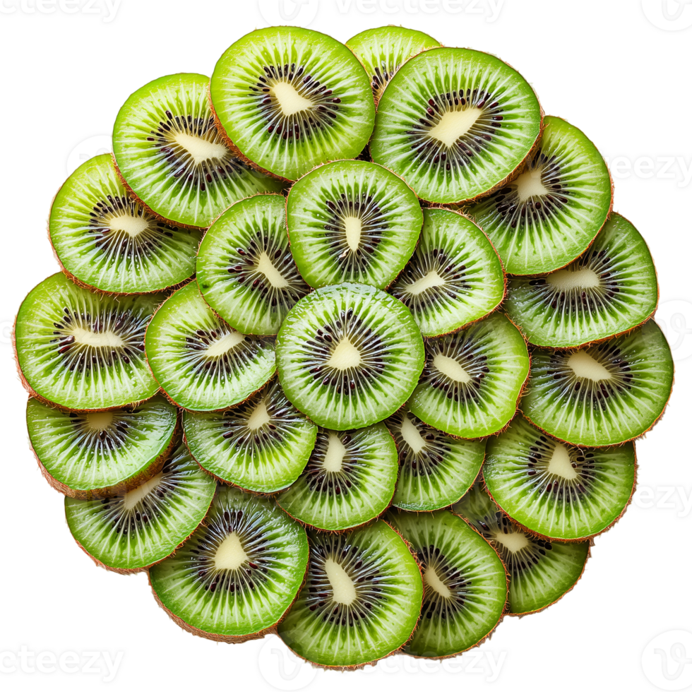 Fresh kiwi fruit slices arranged in a circle on a plain background isolated on transparent background png
