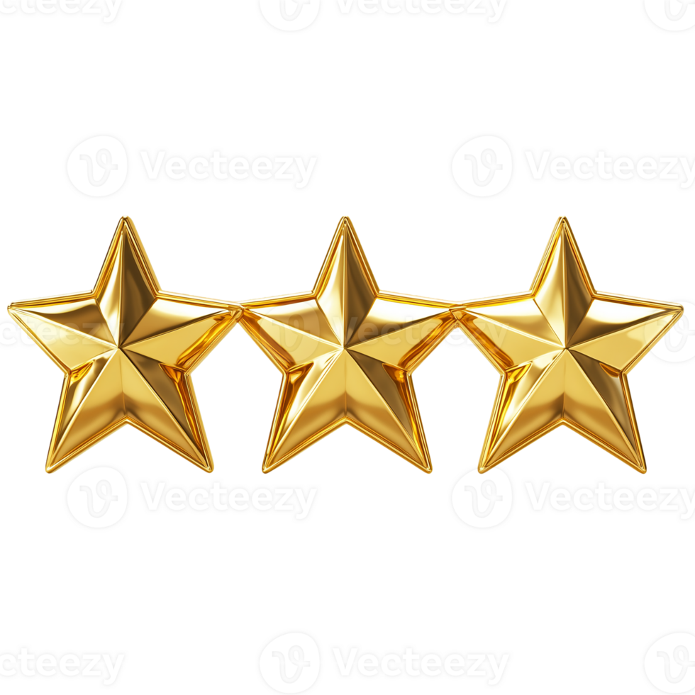 Three golden star rating for customer satisfaction and product review isolated on transparent background png