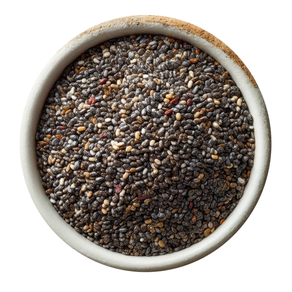 Wooden Bowl with Chia Seeds and Scoop Top View on Transparent Background png