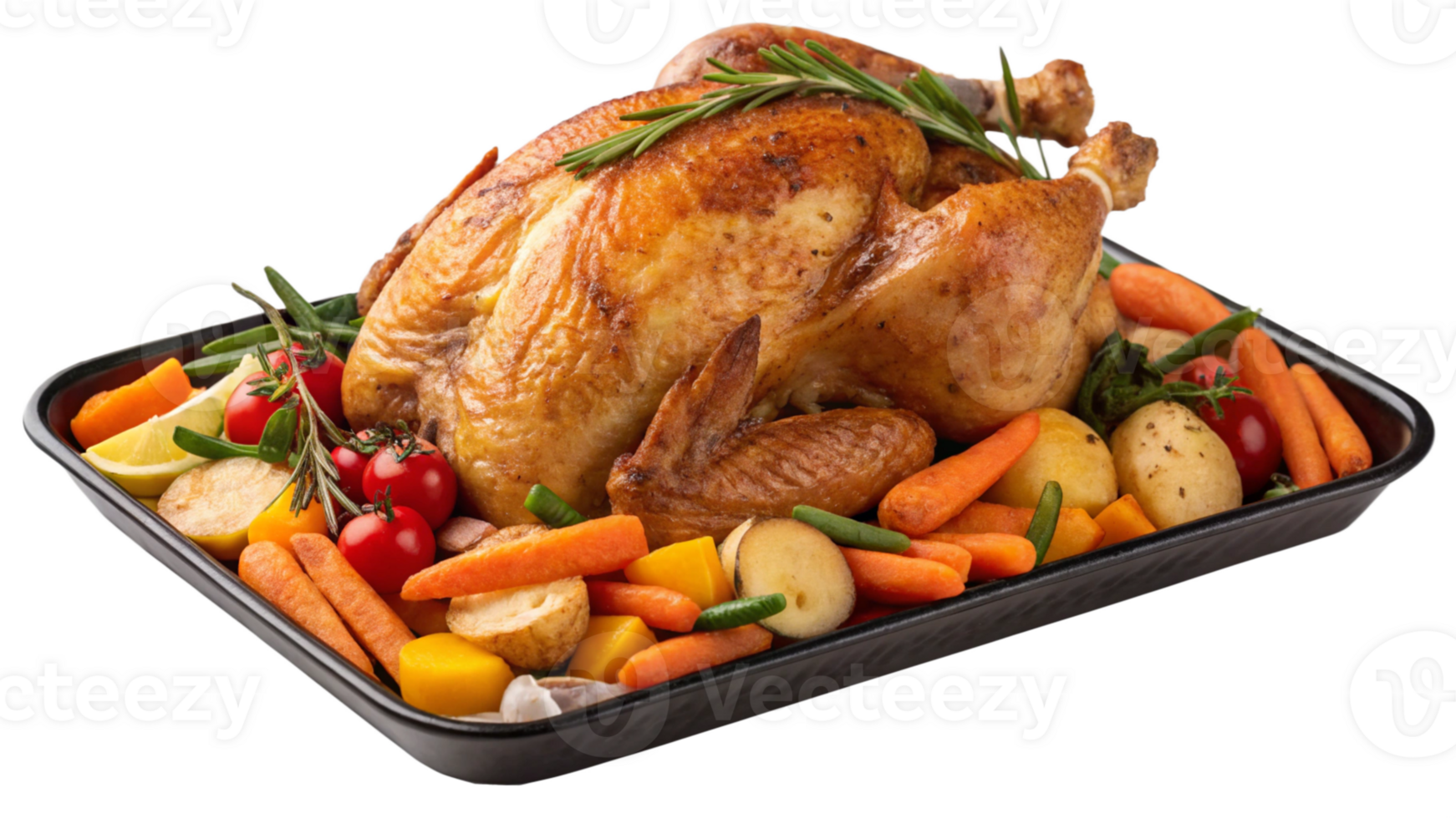 A roasted turkey with vegetables on a tray png