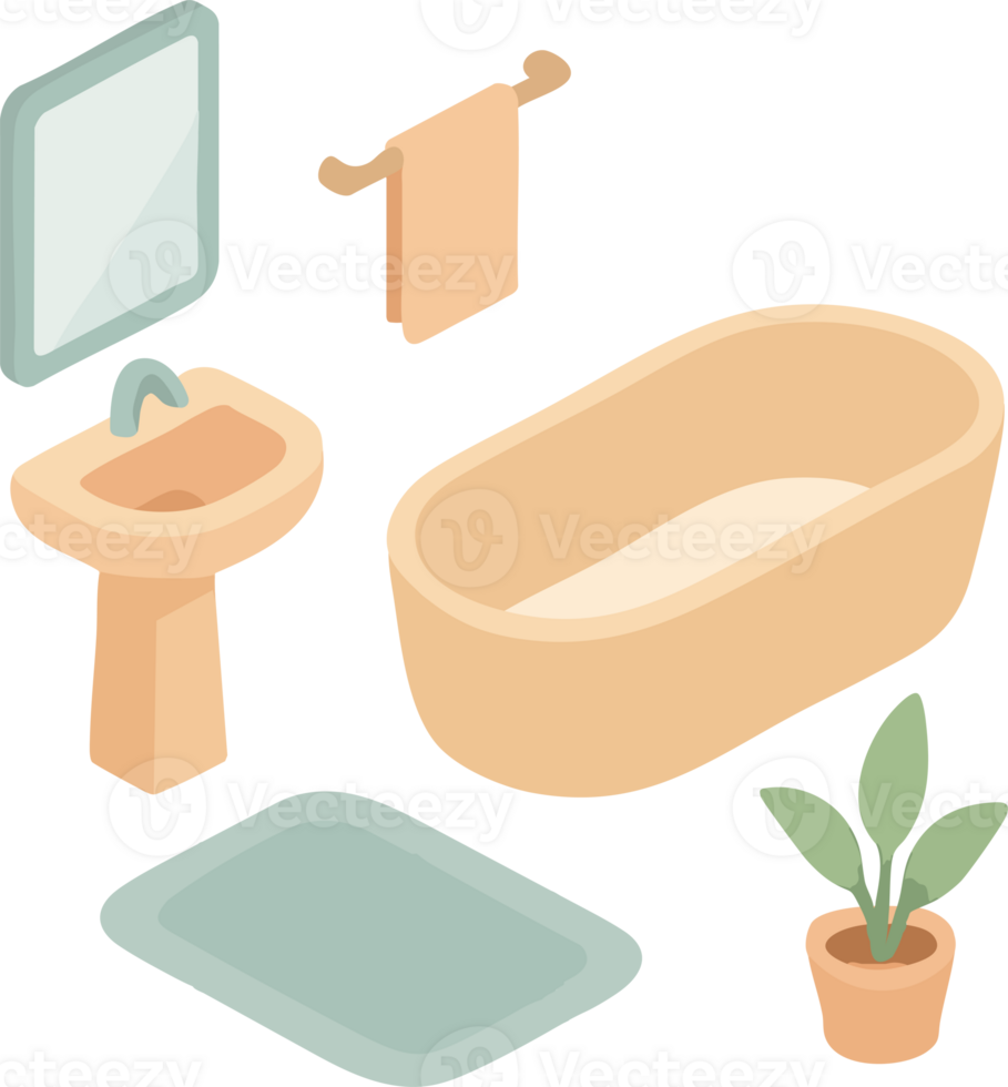 An isometric illustration of a cozy bathroom setup featuring a bathtub, png