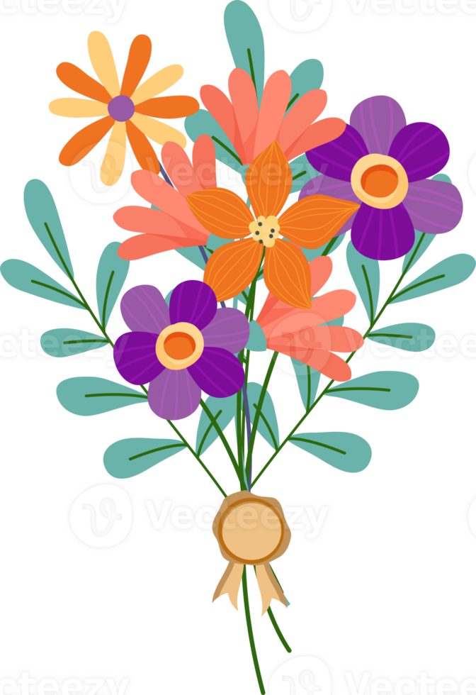 A colorful, stylized bouquet illustration featuring a mix of orange, purple, and yellow flowers with green leaves png