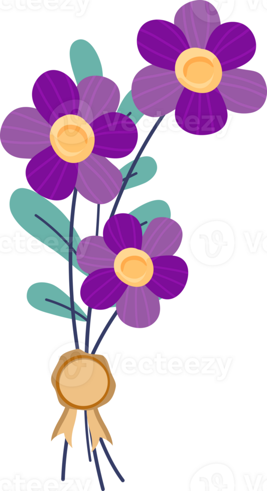 A colorful stylized illustration of a bouquet of purple flowers with green leaves tied with a ribbon with a print. png