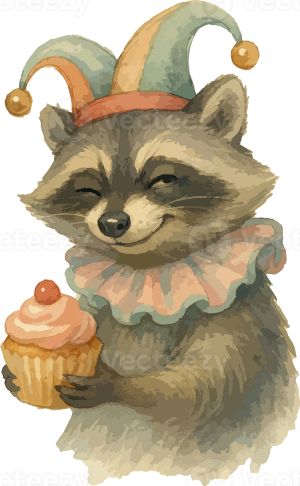 A cheerful raccoon dressed in a colorful jester hat and ruffled collar joyfully carries a cupcake topped with pink frosting and a cherry. png