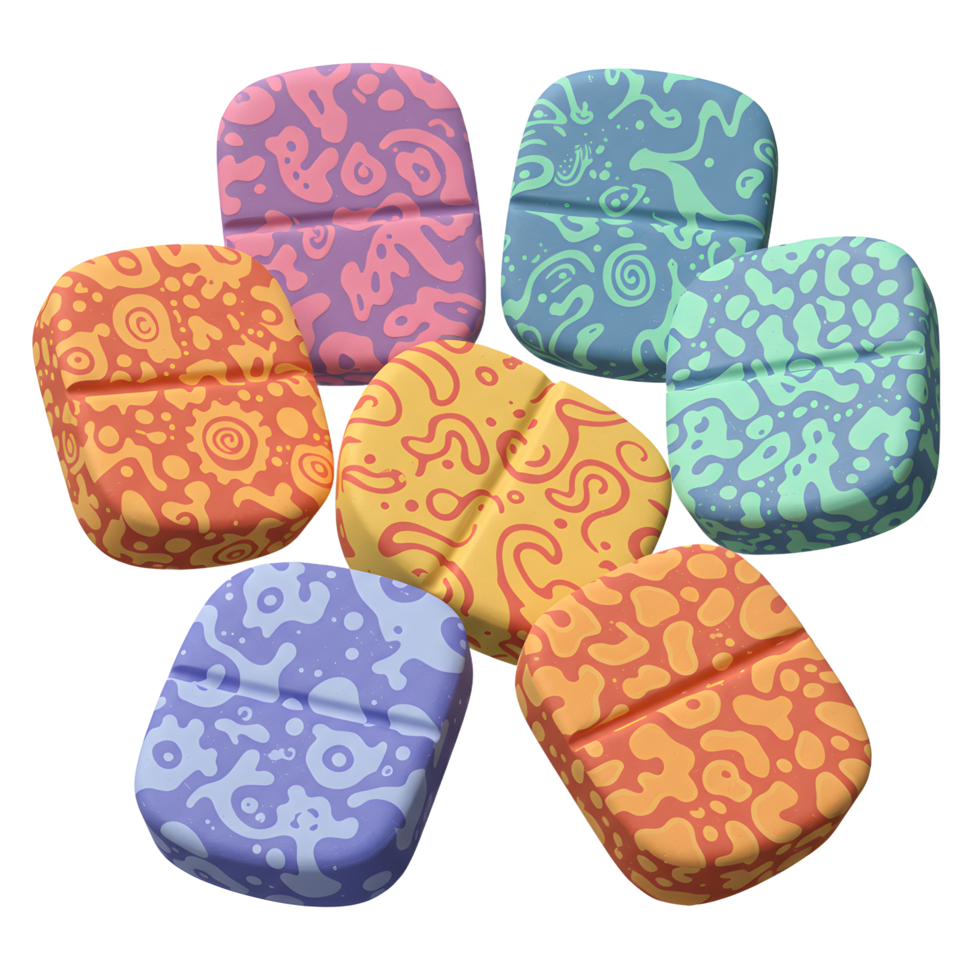 A colorful array of patterned pills is stacked together in this image, suitable for medication, health, or abstract design applications. png