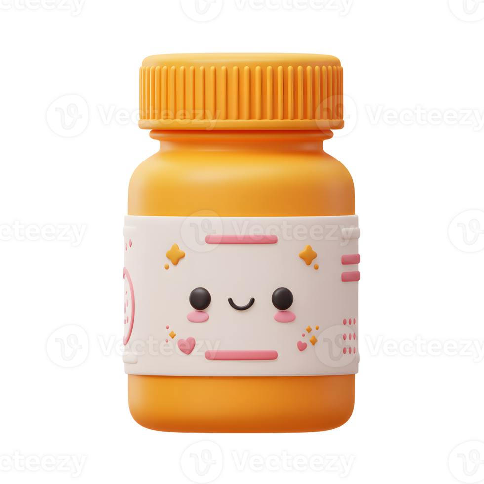 A bright orange bottle with a cute face illustration adds a playful and cheerful touch, perfect for use in children's product designs or whimsical branding. png