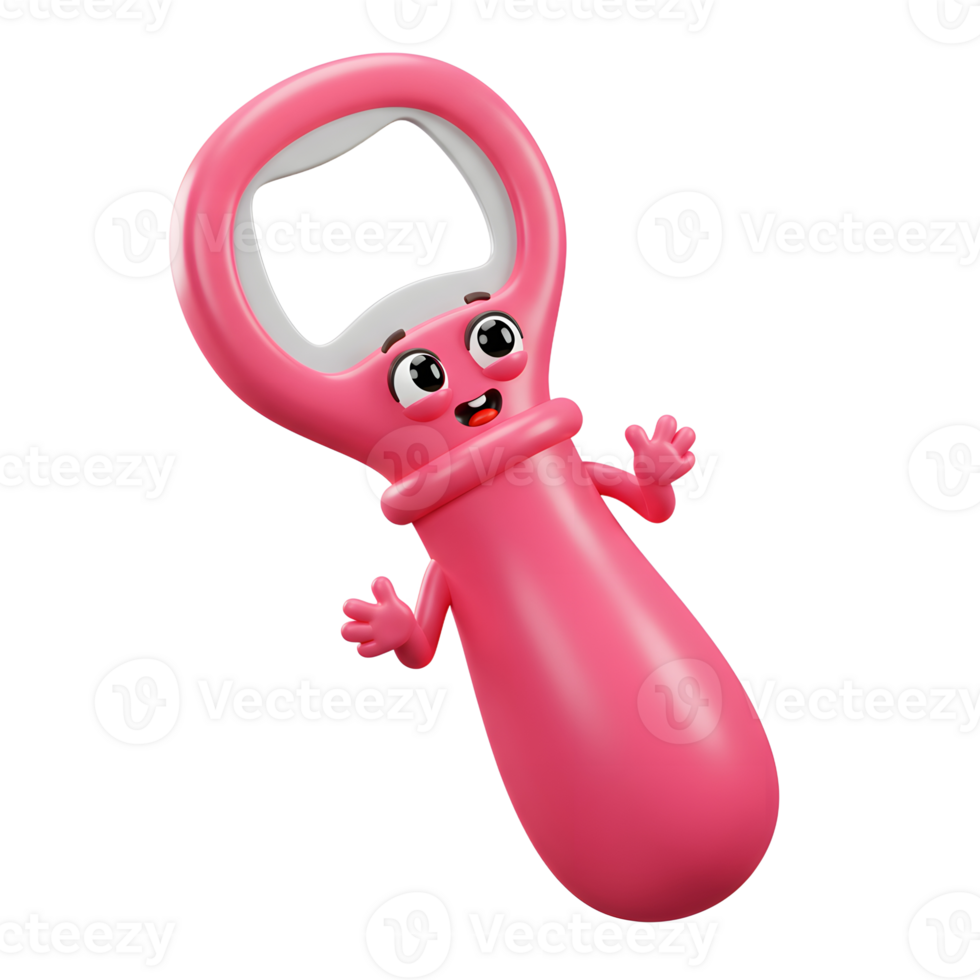 A pink bottle opener is depicted as a cheerful cartoon character waving its arms, used to open bottles. png