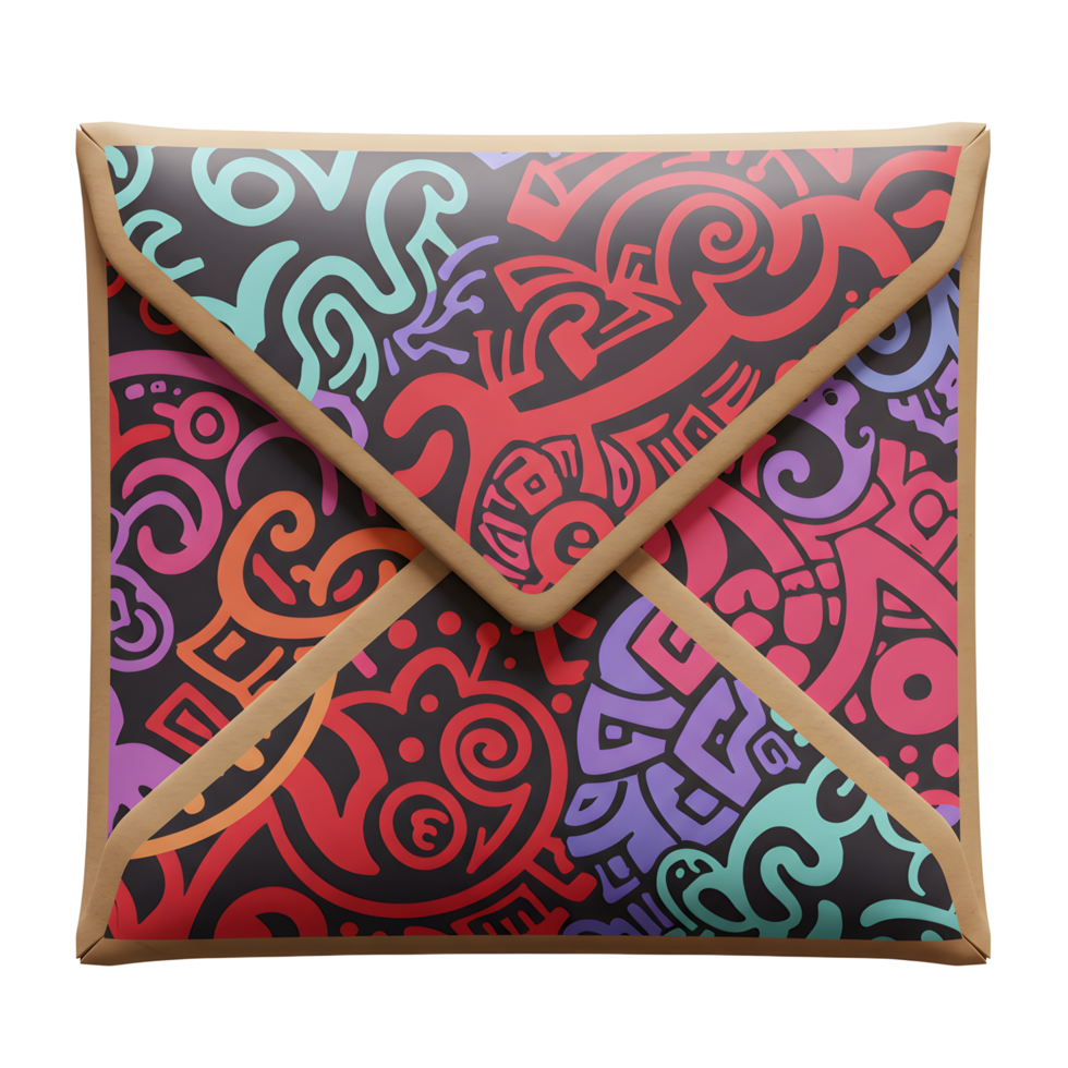A square envelope with colorful, abstract patterns is outlined in brown, and it can be used for letters, invitations, or small documents. png