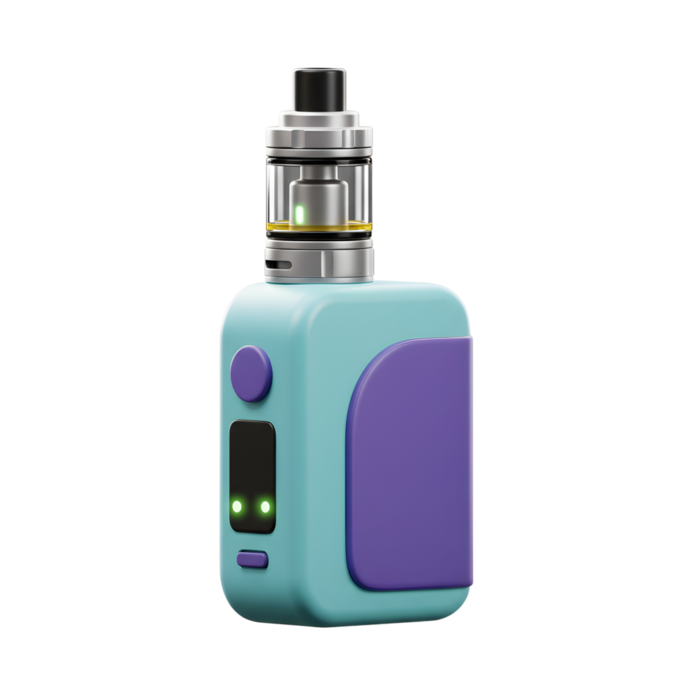A turquoise and purple vape device shows an active display and illuminated tank, suggesting it is in use. png