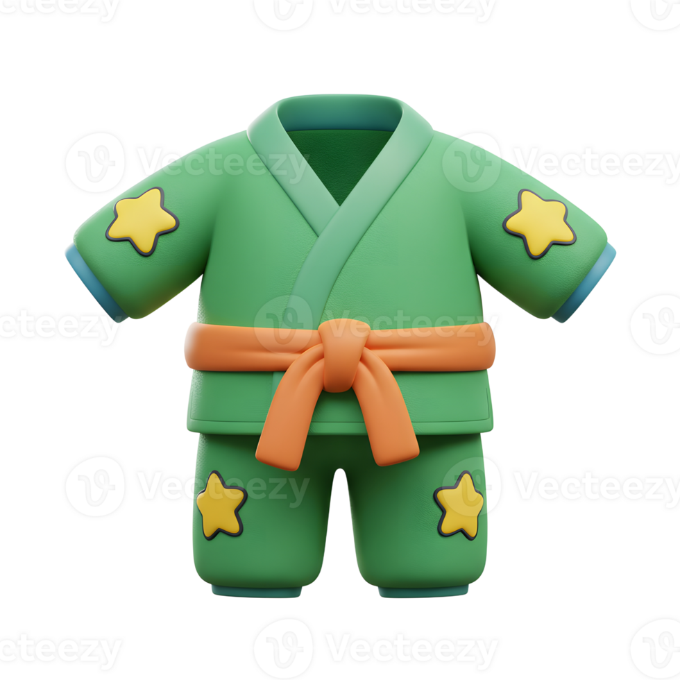 A green karate gi with yellow stars and an orange belt is presented, showcasing a playful and unique take on traditional martial arts attire. png