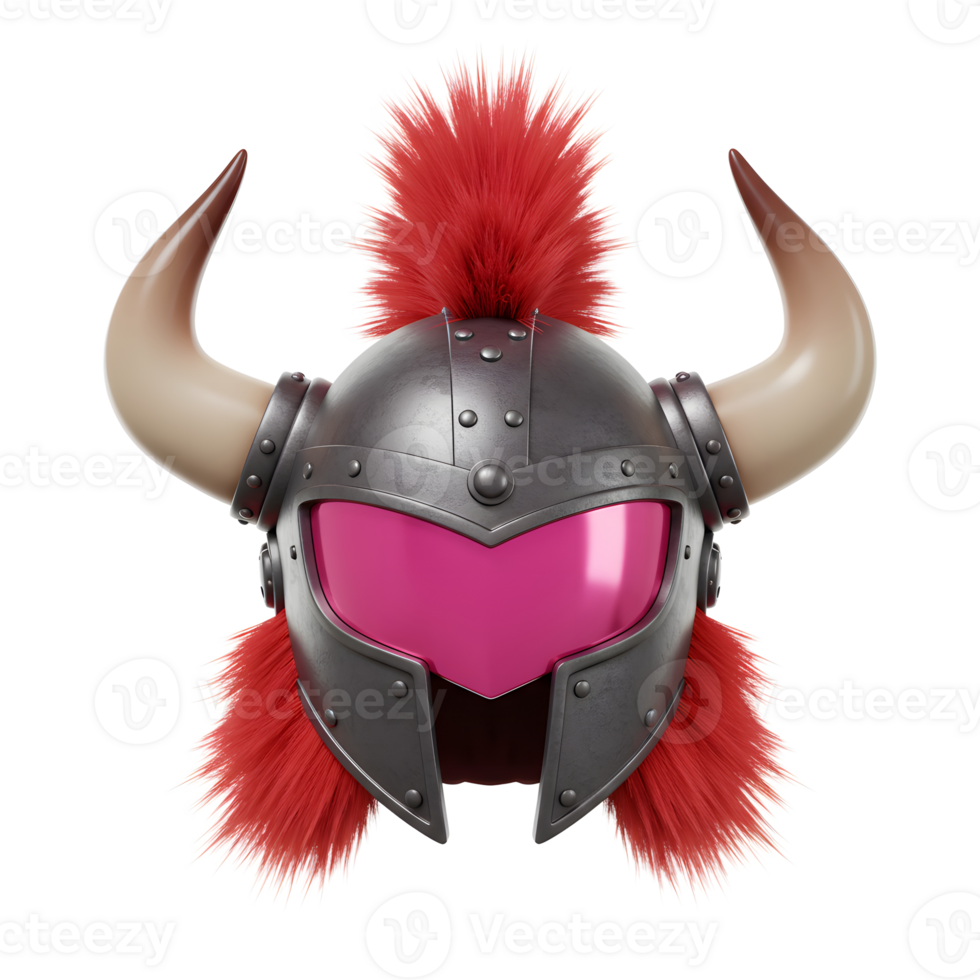 A silver Viking helmet with horns and a pink visor has red fur trim and could be used as a costume accessory. png