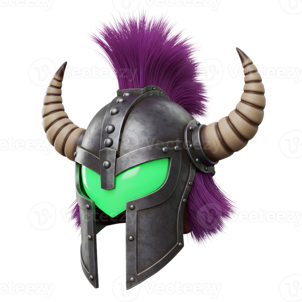 A horned viking helmet with a green visor and purple plume is a formidable piece of armor, perfect for cosplay or fantasy settings. png