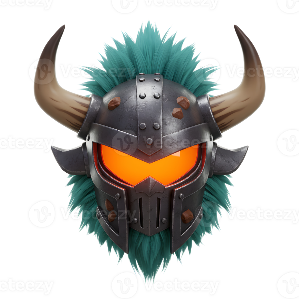 A stylized metal warrior helmet with horns, glowing orange eyes, and fluffy blue hair makes for a striking and fantastical image, suitable for digital art. png
