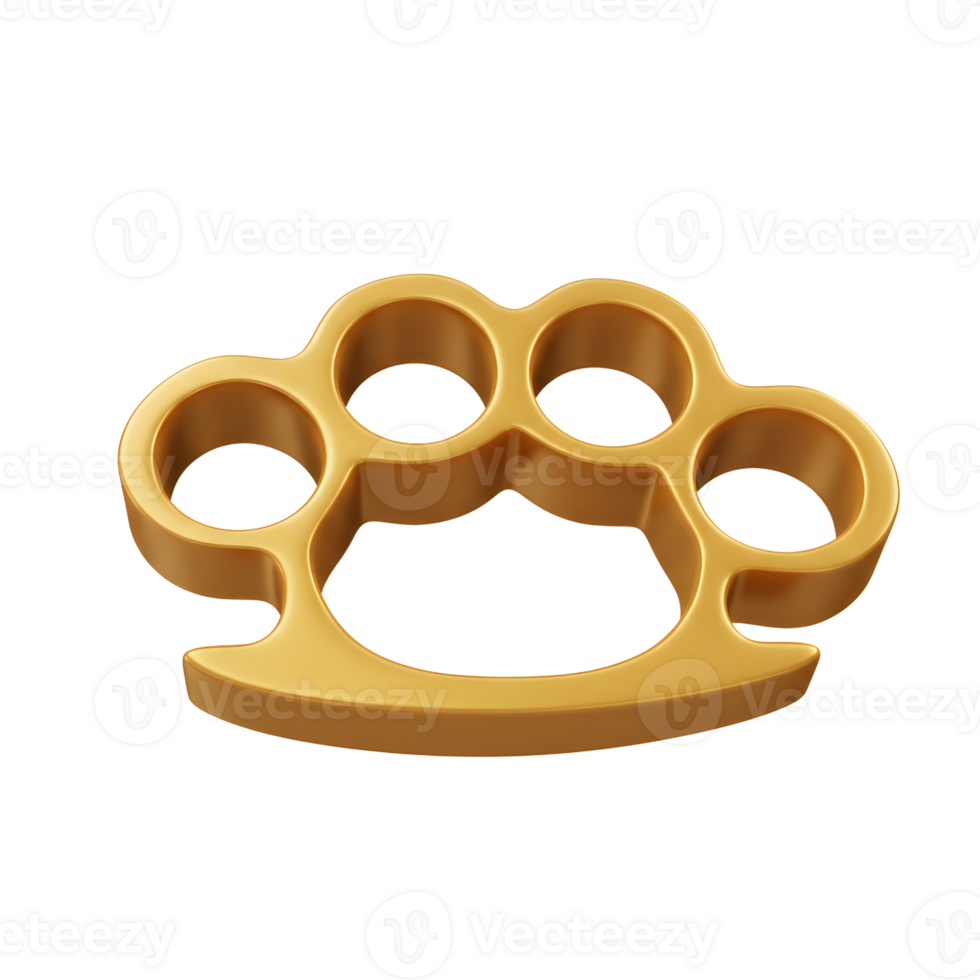A golden knuckle duster is displayed with four holes for fingers and a curved grip, typically used as a weapon for hand-to-hand combat. png