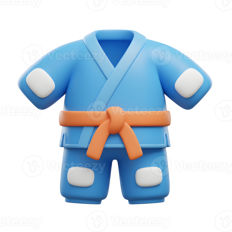 A blue karate gi with an orange belt is displayed, commonly used for martial arts training and competitions. png