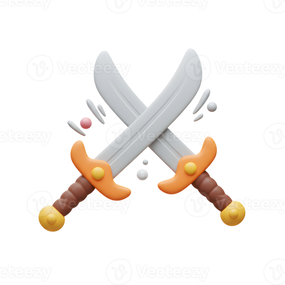 Two cartoon swords are crossed with beads around it, often used to represent a game, duel, or competition. png