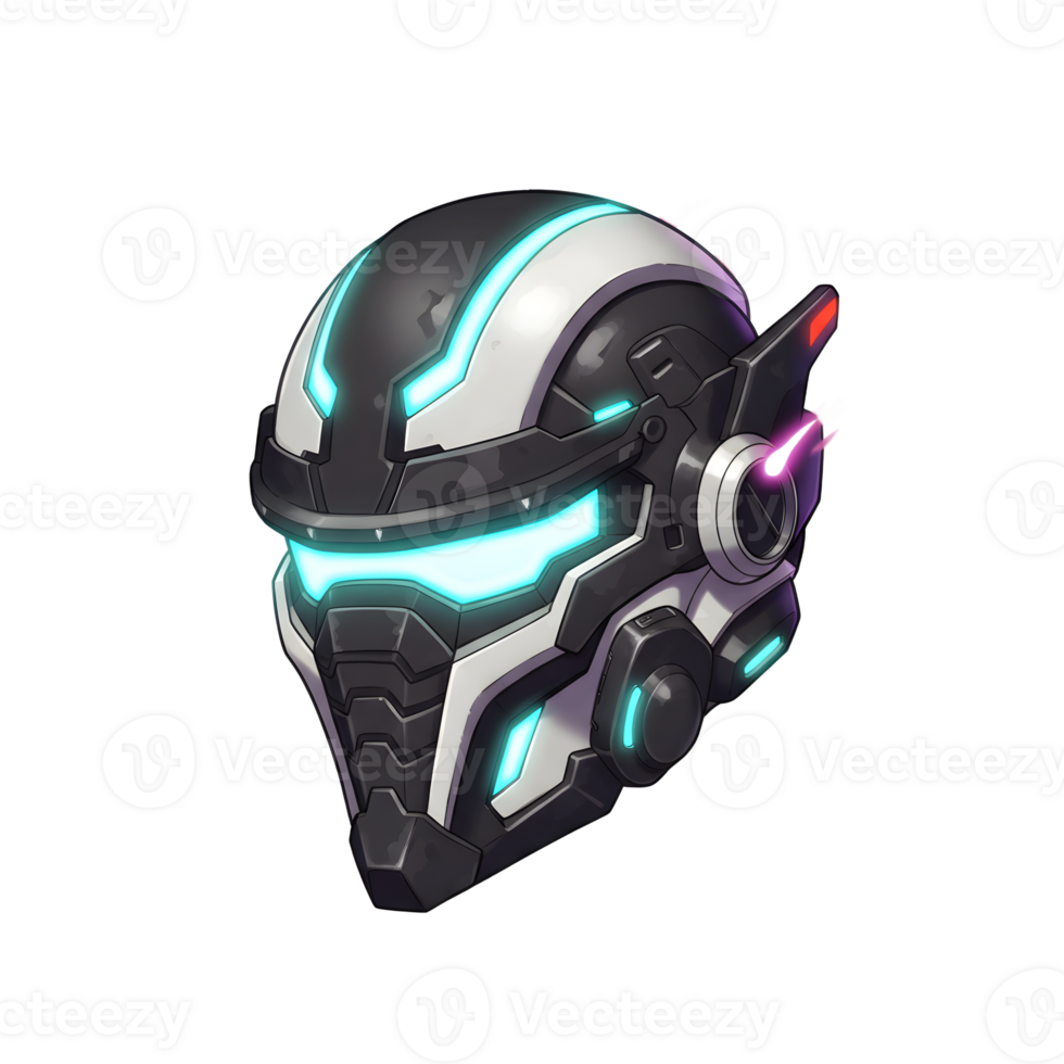 A black and white futuristic helmet features glowing blue lights and small pink flames, suggesting it's ready for battle or a high-tech mission. png