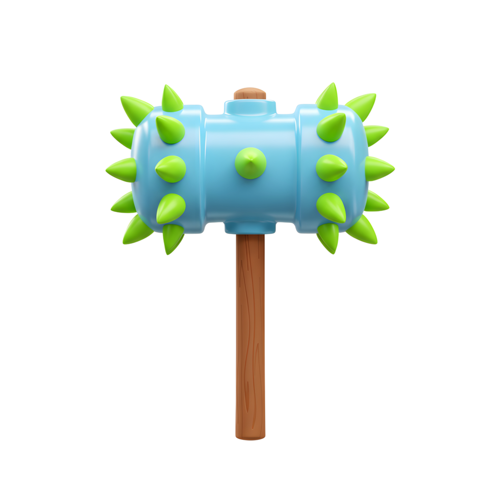 A light blue cartoon hammer is covered in green spikes and has a brown wooden handle, suitable for use in animated content. png