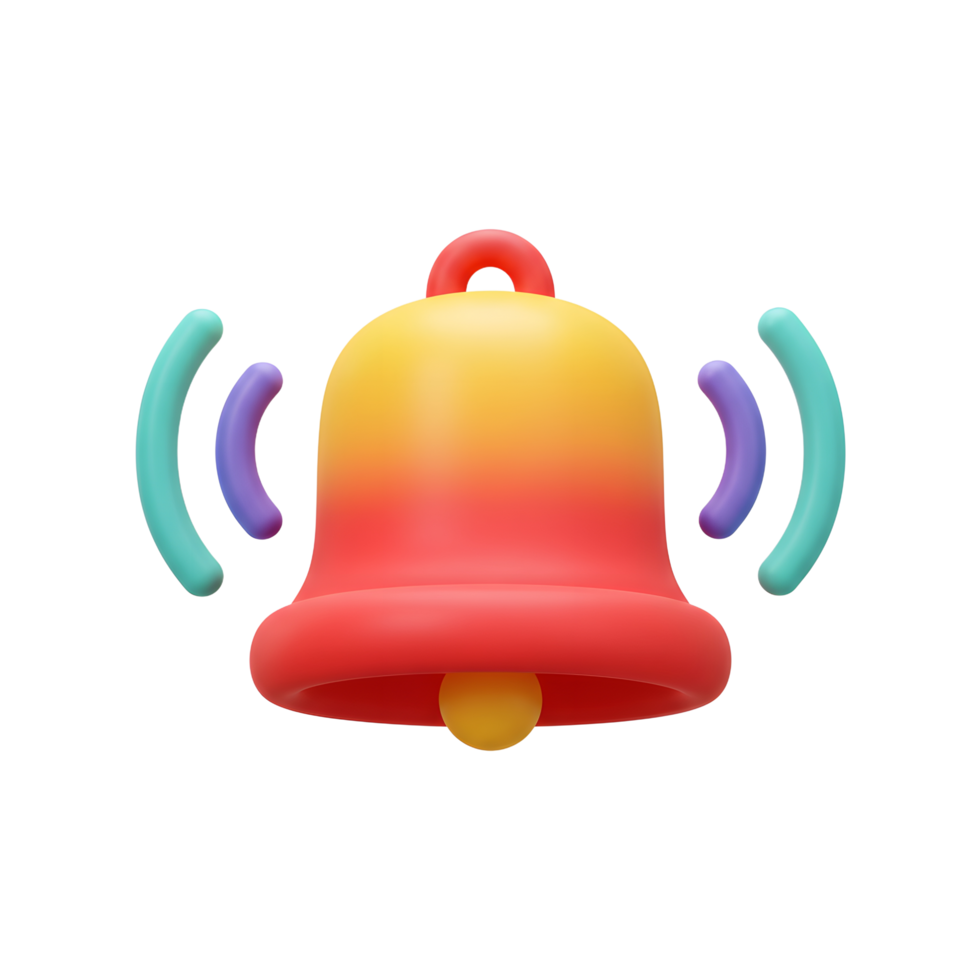 A 3D rendering shows a red and yellow bell with blue and purple sound waves emanating from it, indicating a notification or alert used for various purposes. png