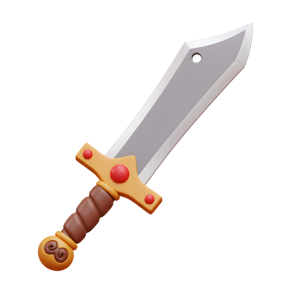 A cartoon style sword is shown with a brown hilt and silver blade, designed for gaming assets or creative illustrations. png