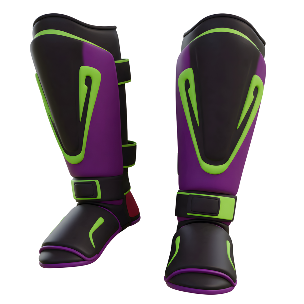 A pair of shin guards in purple, black and green are displayed for protecting the legs from impacts during sports activities. png